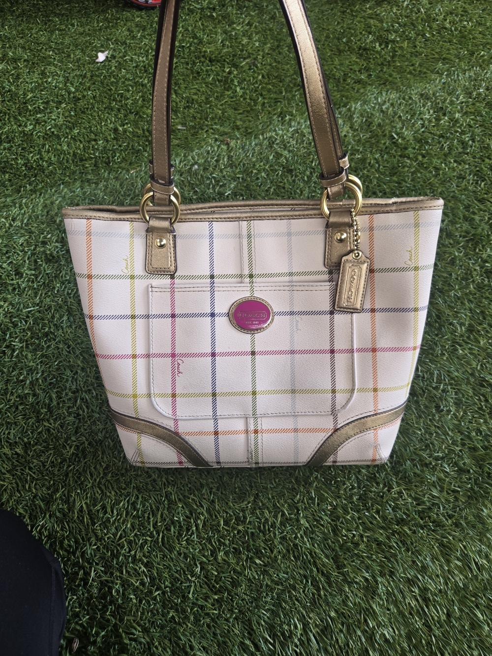 Coach Multicolor Plaid Canvas Tote with Metallic Trim